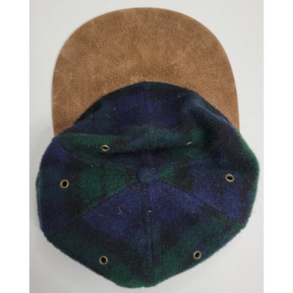 Lands' End Wool Blue Green Plaid Cap Tan Genuine Suede Bill Adjustable - Picture 4 of 7